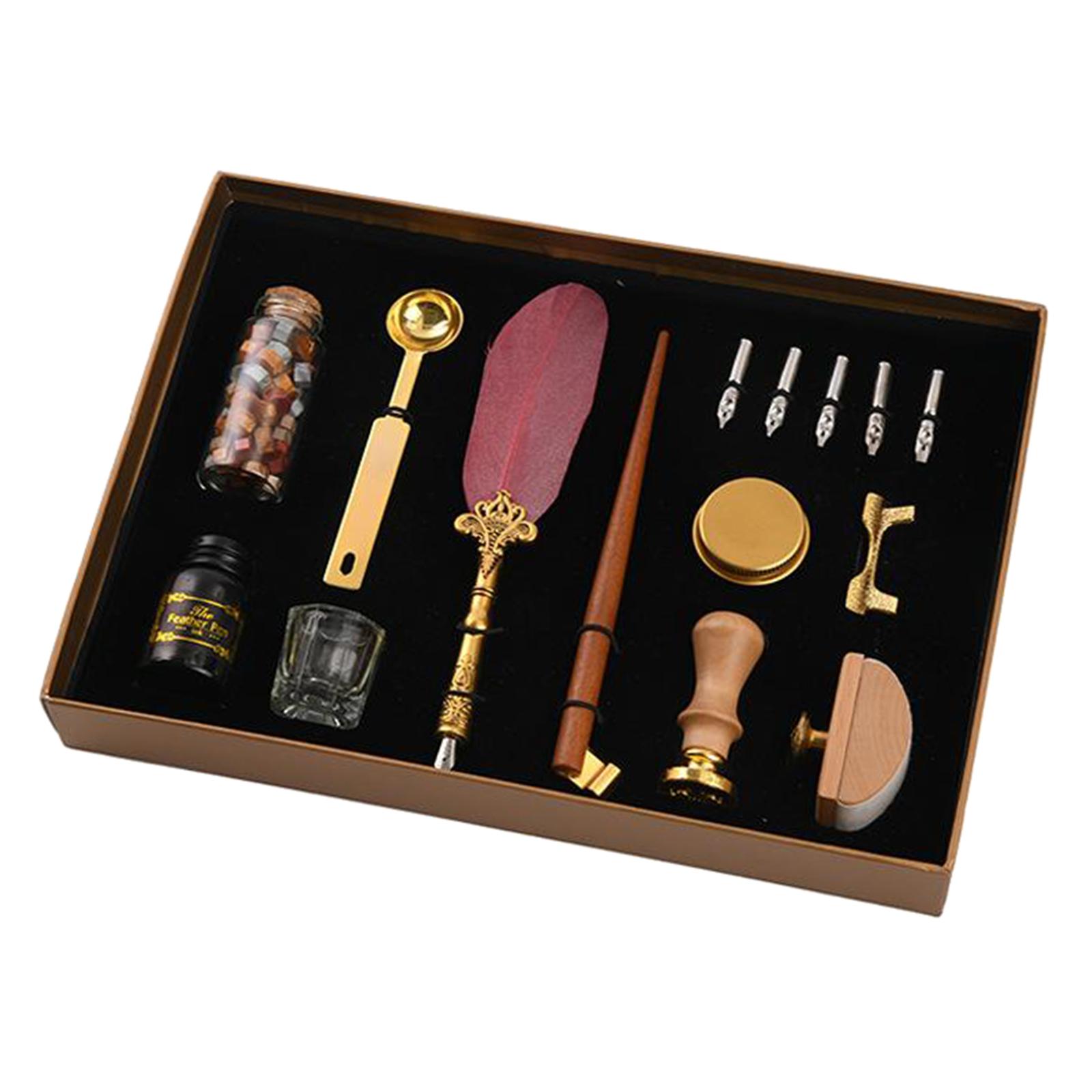Fountain Pen Antique Quill Feather Dip Pen and Wax Seal Set Red Quill