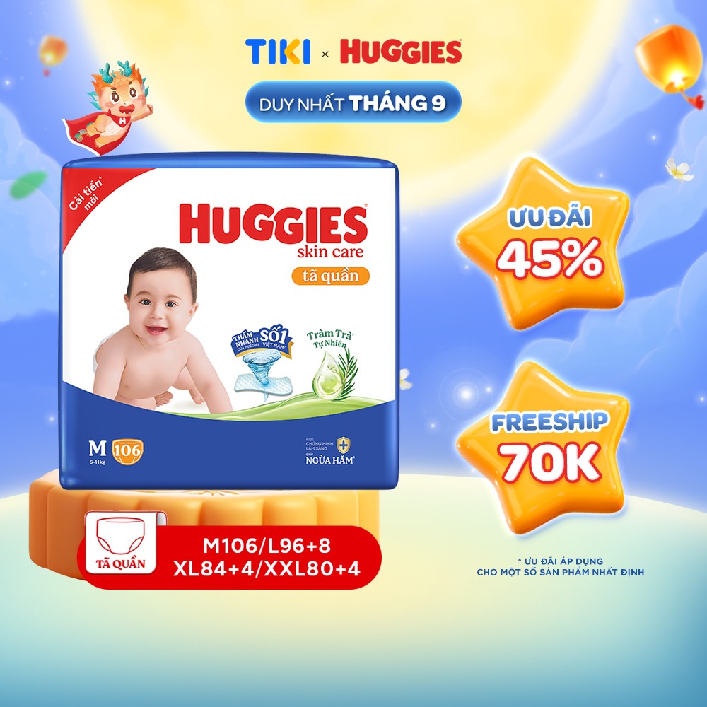  Tã/bỉm quần Huggies Skin Care Mega Jumbo M106/L96+8/XL84+4/XXL76+4 miếng với tràm trà dịu da