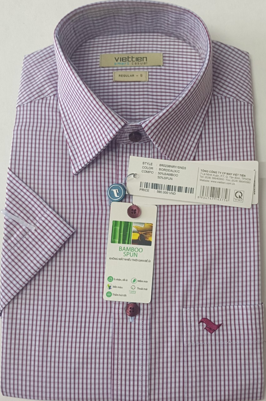 Viettien Áo sơ mi nam Việt Tiến Smart Casual ngắn tay vạt ngang- xẻ sườn Mã 6R 0238 NRY/SND3, sợi tre, ít nhăn, bền màu, thoáng khí