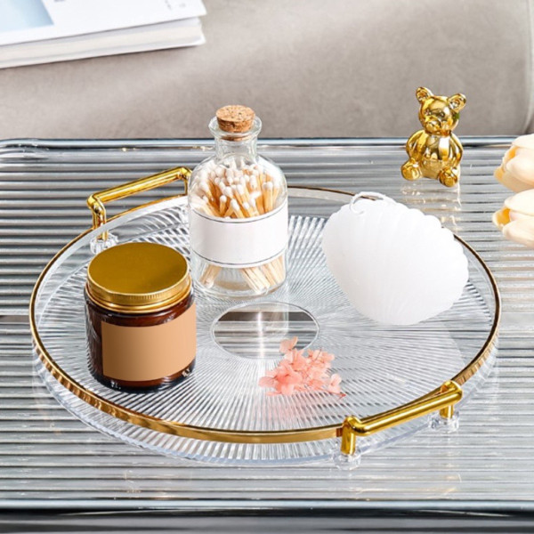 Khay đựng đồ hình tròn có tay cầm viền vàng sang trọng chất liệu nhựa Acrylic cao cấp