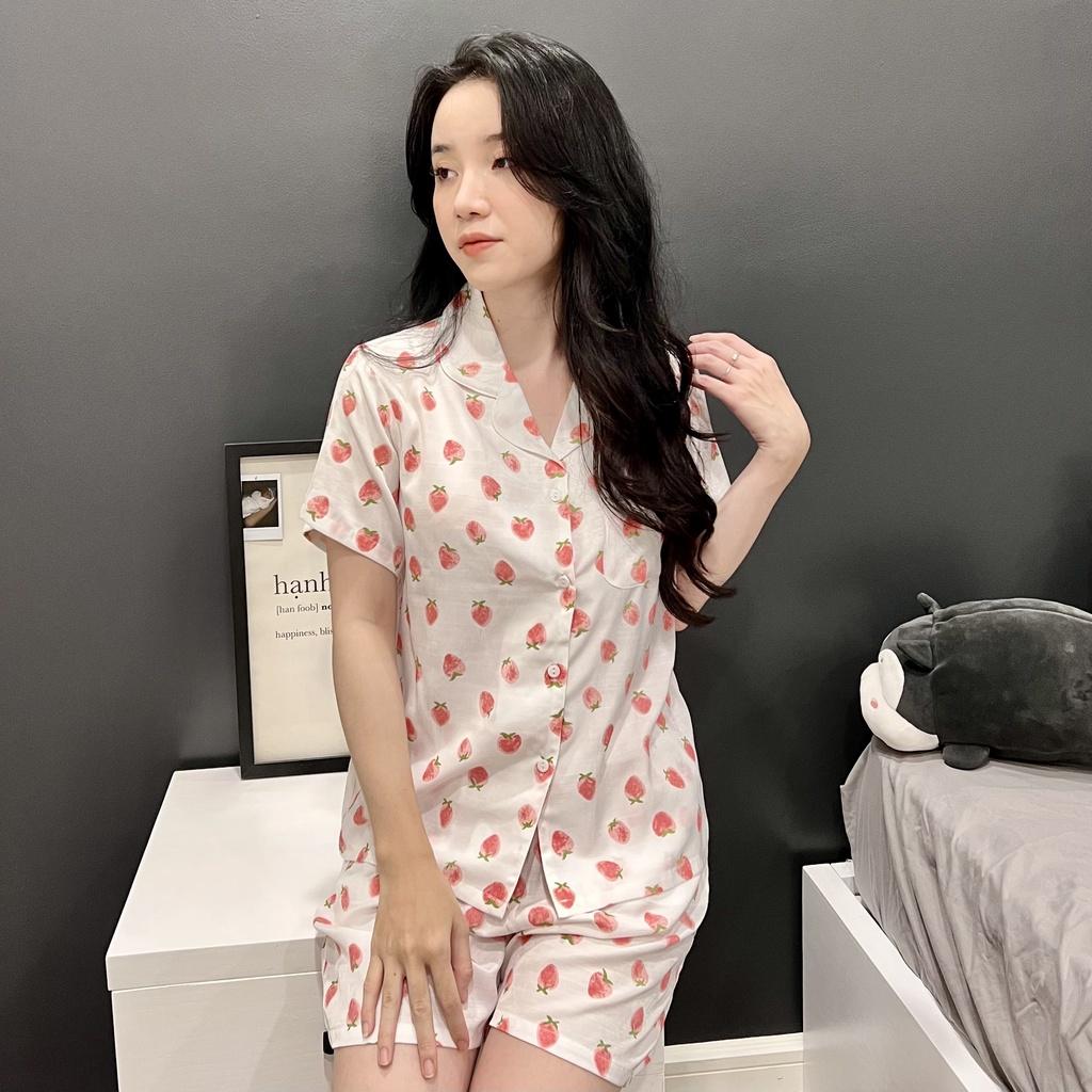 BỘ PIJAMA ĐŨI NỮ MẶC NHÀ - Mẫu Quả Dâu Chất Vải Cao cấp