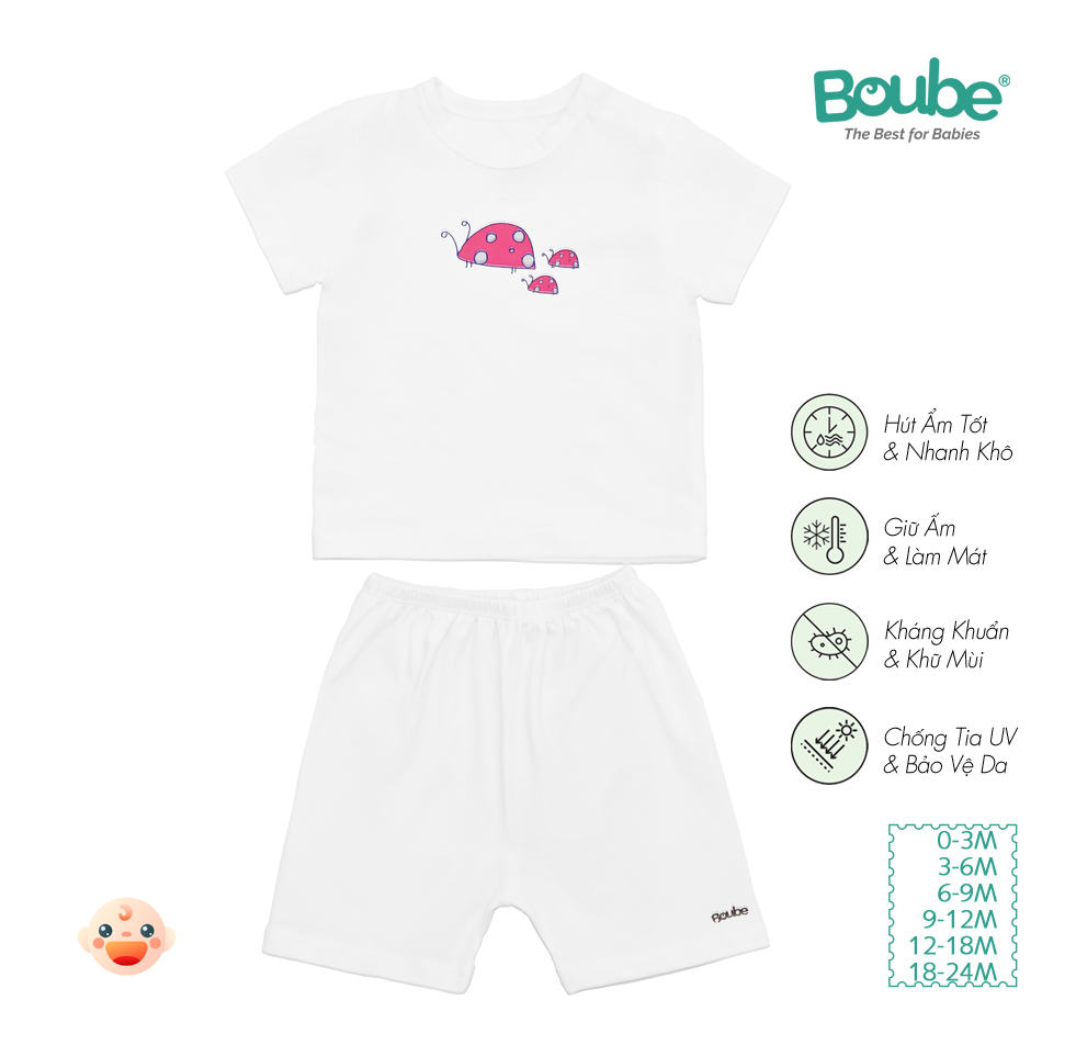 Bộ áo quần cộc tay cúc bấm vai màu trắng cho bé sơ sinh và trẻ nhỏ Boube, vải Cotton organic thoáng mát - Size 0-24M