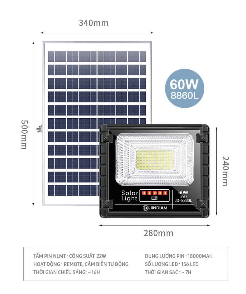 Đèn Năng Lượng Mặt Trời 60W JINDIAN JD8860L- Hàng Chính Hãng có Logo JINDIAN