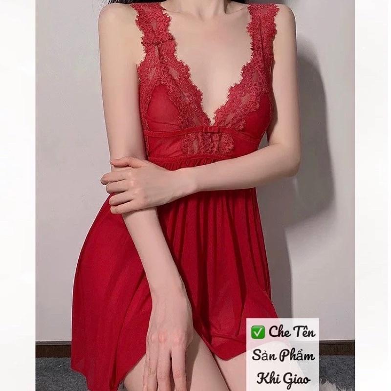 Mã QR725 Váy Ngủ Voan Phối Ren Thiết Kế Cổ V - Đầm Nữ Xẻ Tà Sau Gợi Cảm
