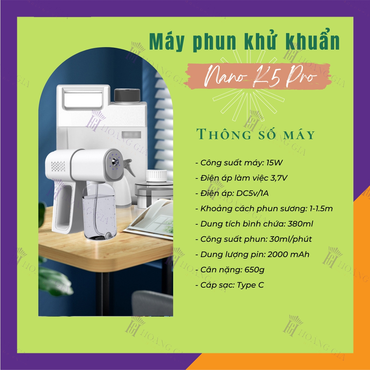 Máy Phun Khử Khuẩn Nano K5 PRO Hoàng Gia Công Suất Lớn Không Dây Cầm Tay - HÀNG CHÍNH HÃNG - Pin siêu bền 2 Chế Độ Phun Với Chùm 8 Đèn Led UV Khử Trùng Sạch Vi Khuẩn - Thiết Kế Nhỏ Gọn - Dạng Sạc Pin Di Động, Dễ Dùng 