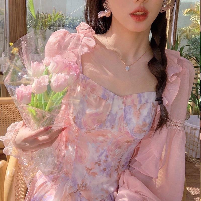 Áo Khoác Nhẹ Ngoài Váy Cadigan Nữ Màu Xanh Be Trắng Hồng Chất Chiffon Dài Tay Phong Cách Tiểu Thư Hàn Quốc