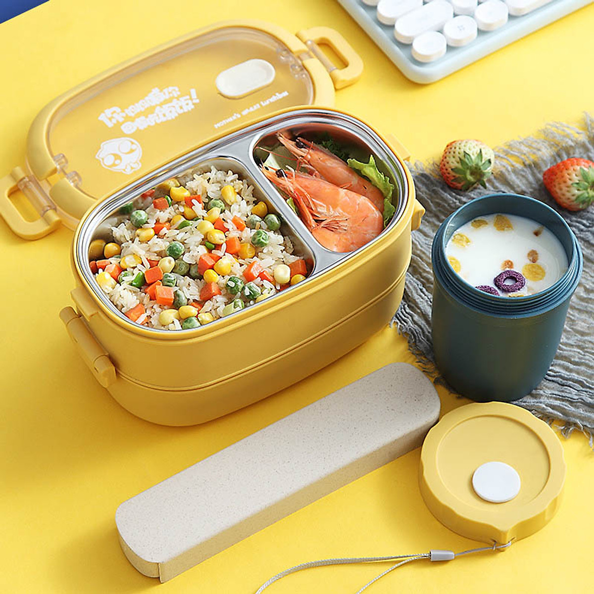 Bộ Hộp Cơm Giữ Nhiệt 2 Lớp 2 Tầng 2 Ngăn Inox304 Thiết Kế Hiện Đại - Full Box - Hàng Loại 1 - Chính Hãng Miniin - Vàng