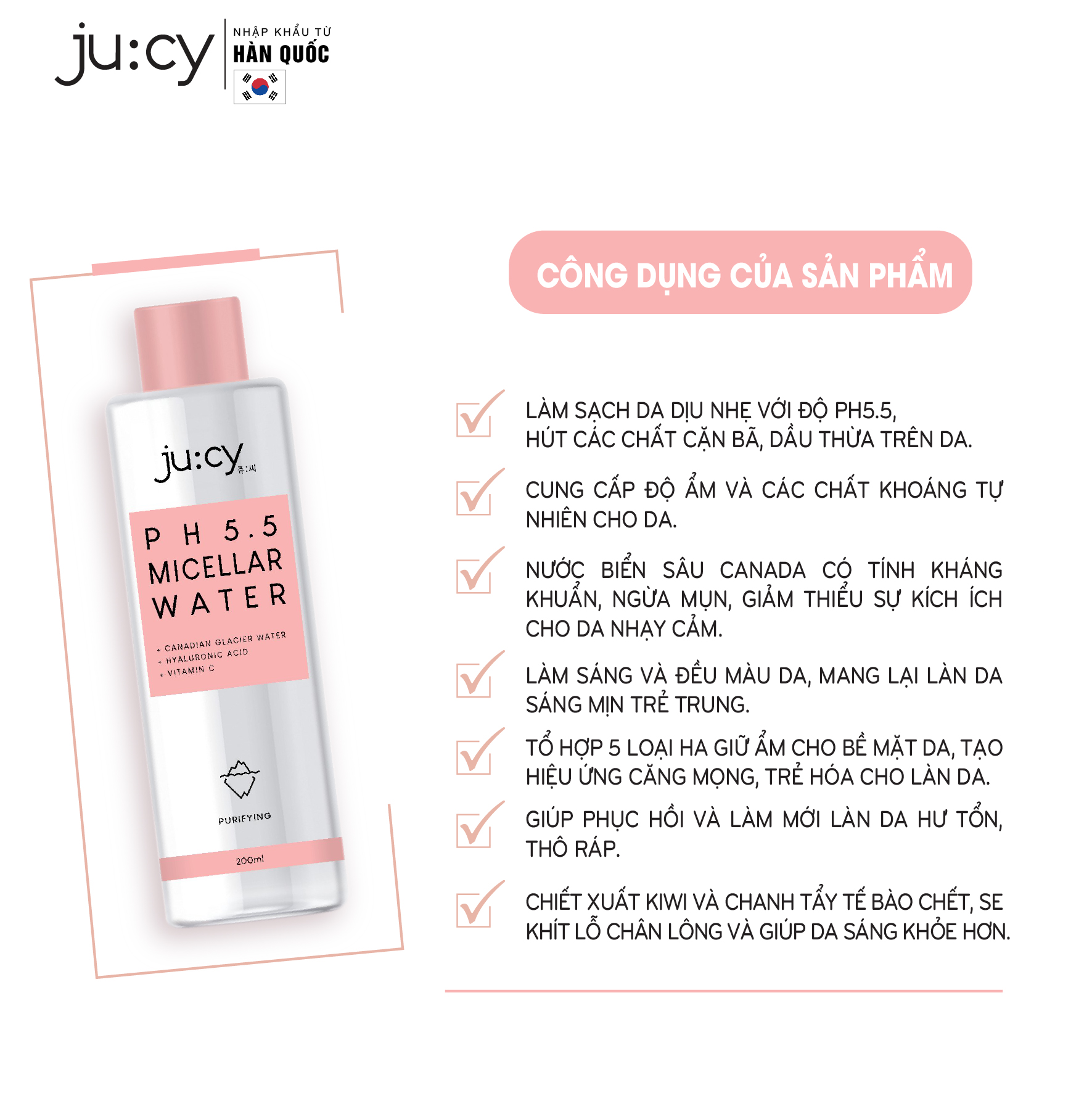 Tẩy trang không cồn Ju:cy pH5.5 Micellar Water 200ml