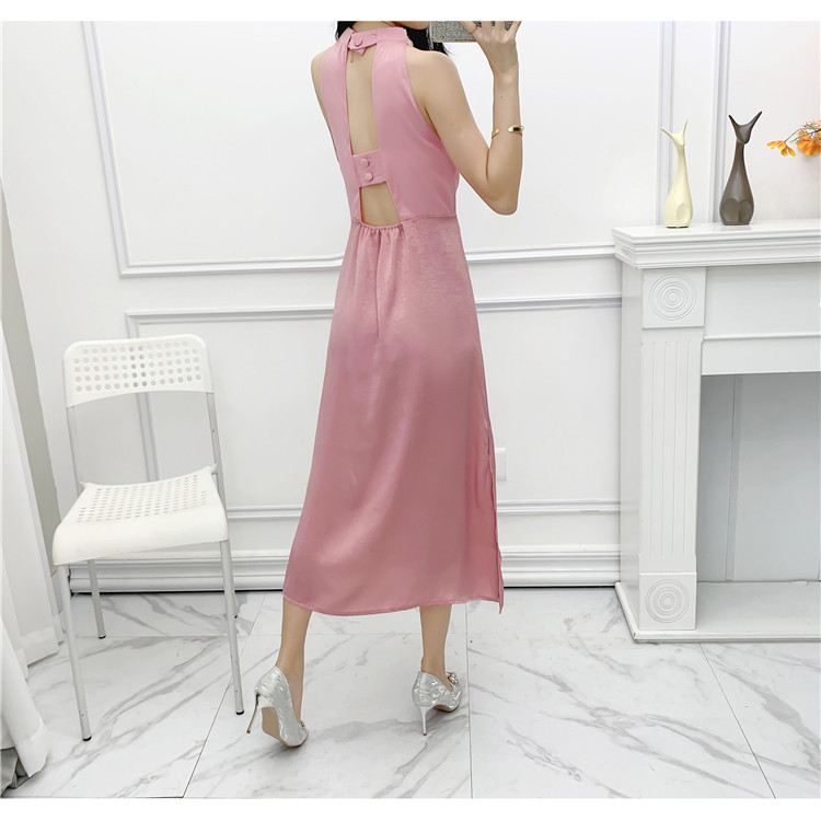 Đầm cổ yếm hở lưng màu hồng ngọt ngào - A17F