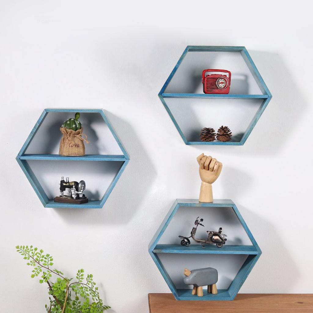 Wall Mount Floating Shelf Organizer Hexagon Decorative Home Bathroom Blue