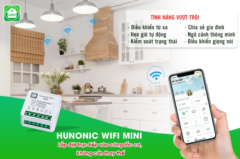 Công tắc Hunonic Mini wifi điều khiển từ xa từ công tắc thường thành công tắc thông minh