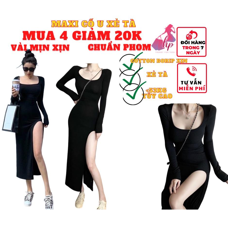 Váy đầm maxi dài nữ ôm body cổ U xẻ tà tay dài thun cottton xịn thời trang dự tiệc sexy phong cách hàn -VD04...