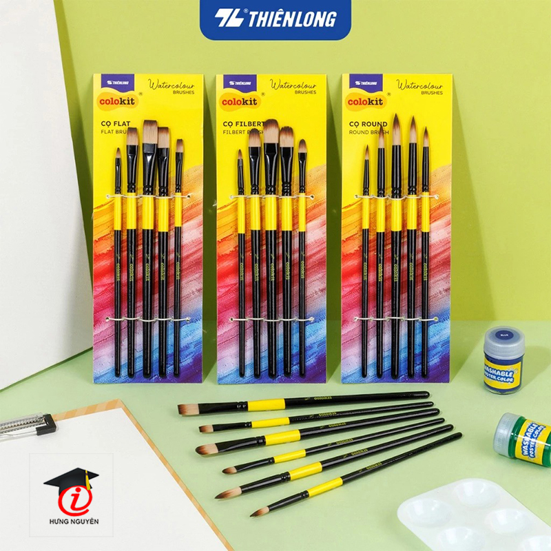 Bộ 5 Cọ vẽ màu nước Thiên Long  đầu Round/ Flat/ Filbert - Cọ lông mềm cho cảm giác tô, vẽ êm mượt