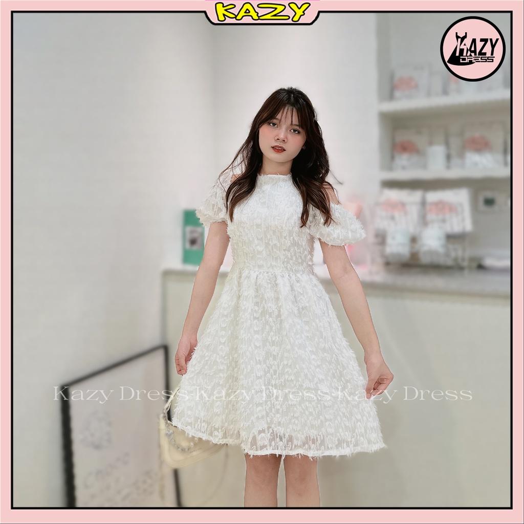 Váy trắng tiểu thư dự tiệc cổ yếm trễ vai tay bồng 2 lớp thêu hoa dáng xinh Hàn Quốc KAZY DRESS V003