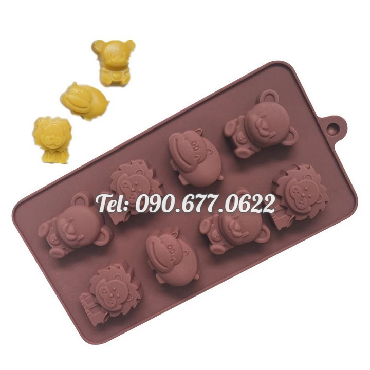 Khuôn silicone làm bánh, rau câu, socola 8 con hà mã, sư tử, gấu – Mã số 1435