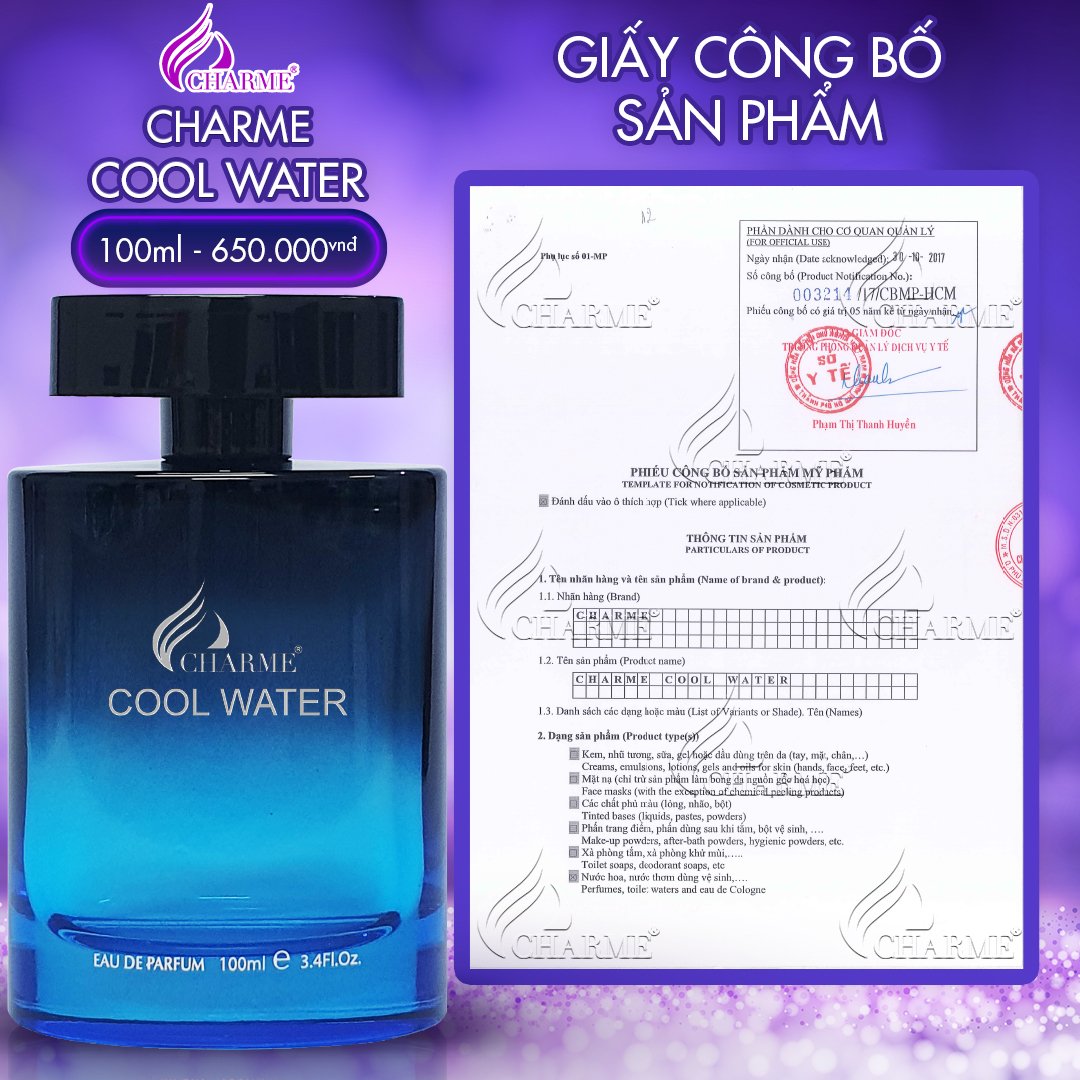 Nước Hoa Nam Charme Cool Water 100ml phong cách Sang trọng, lịch lãm, tươi mát.