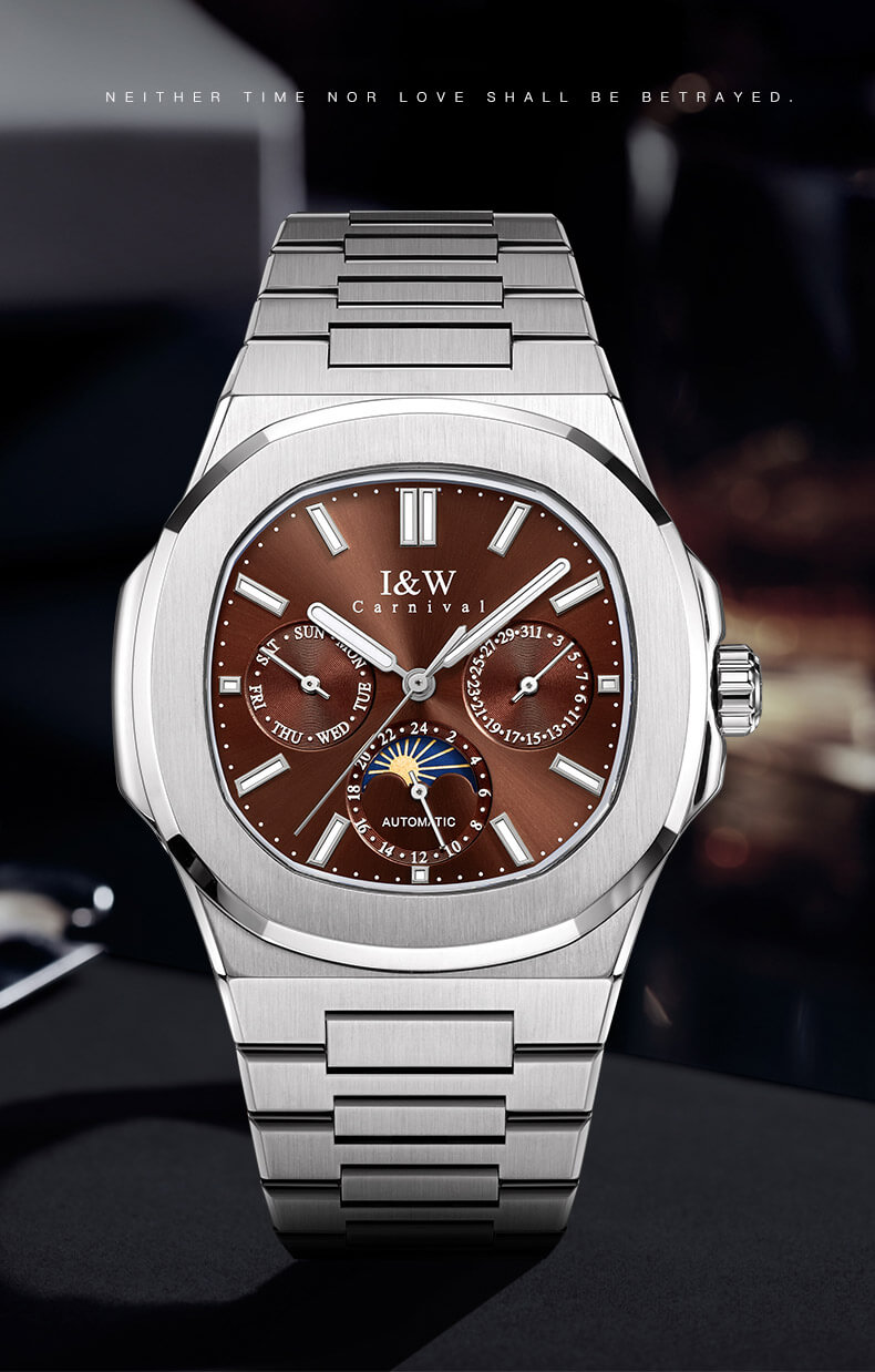 Đồng hồ nam chính hãng I&W CARNIVAL 55886G-4 mặt nâu size mặt 42mm,kính sapphire ,chống nước 50m,dây thép không gỉ