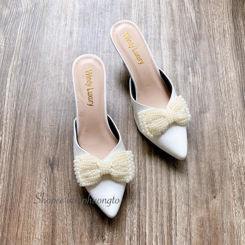 Giày cao gót bít mũi nơ hạt kết ngọc siêu đẹp