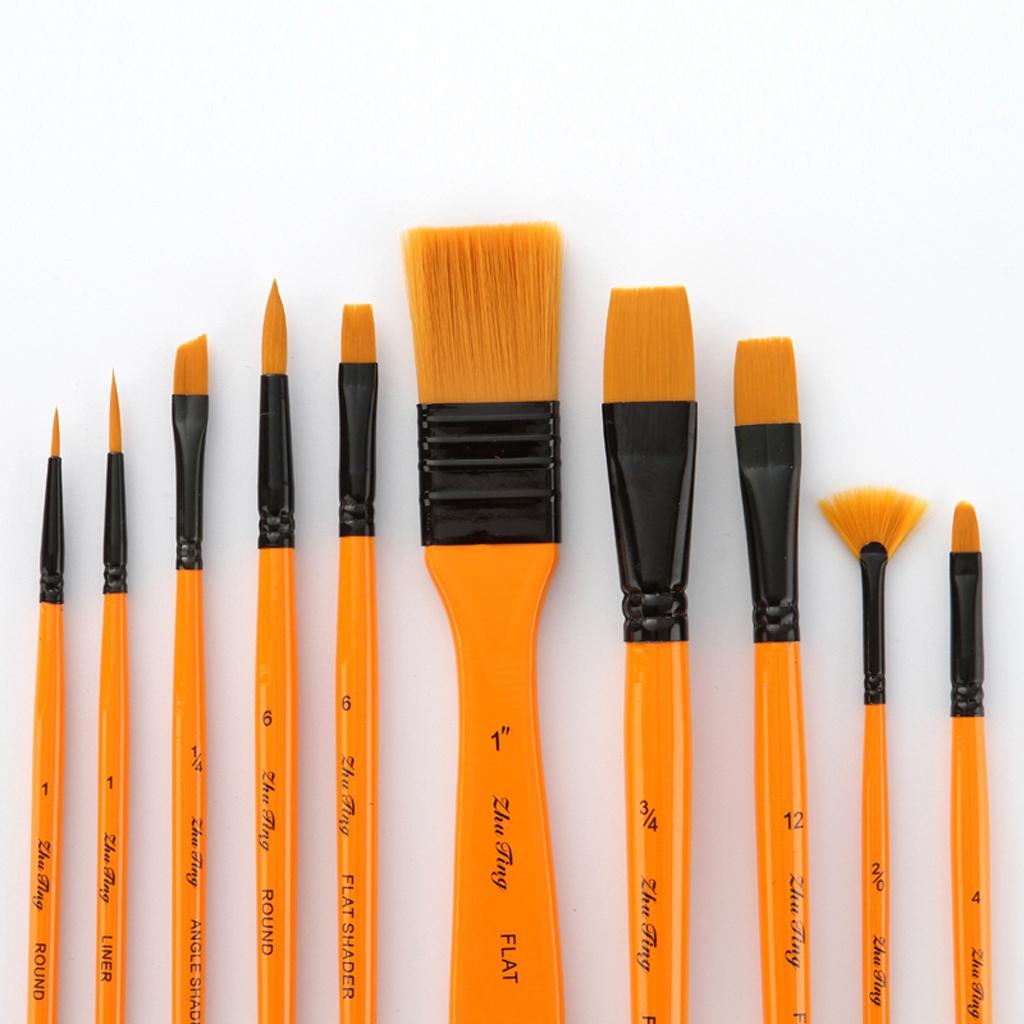 10 Wooden Handle Paint Brushes Artist Brushes Flat Brushes Oil Paint Brushes Brush Set with Zipper Storage Case Watercolor Painting Art Supplies