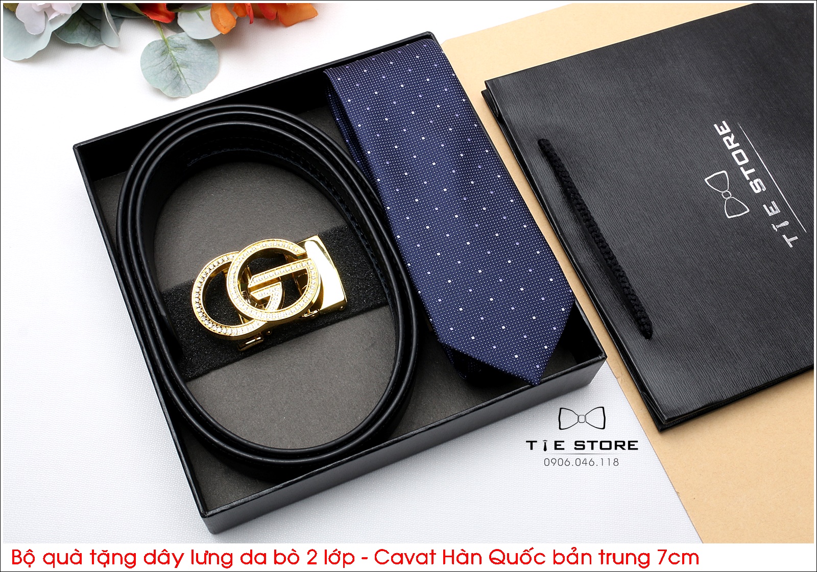 Bộ quà tặng thầy, tặng người thân, tặng sếp, Dây lưng da bò 2 lớp - Cavat hàn quốc bản trung 7cm - Full box MS2