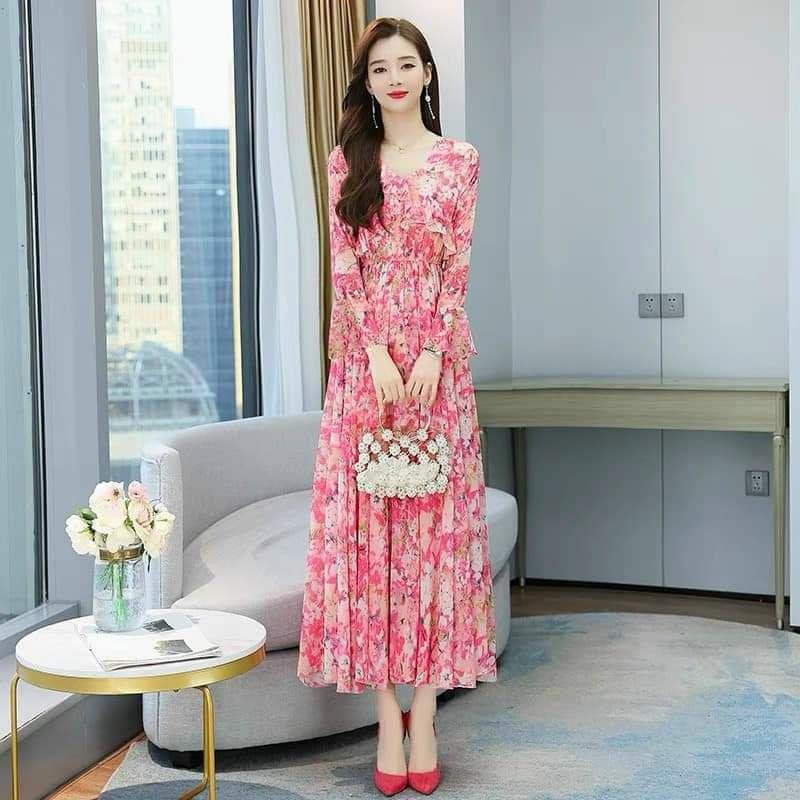 HÀNG NHẬP - ĐẦM MAXI VOAN HOA CỔ V VIỀN BÈO TAY DÀI EO THUN