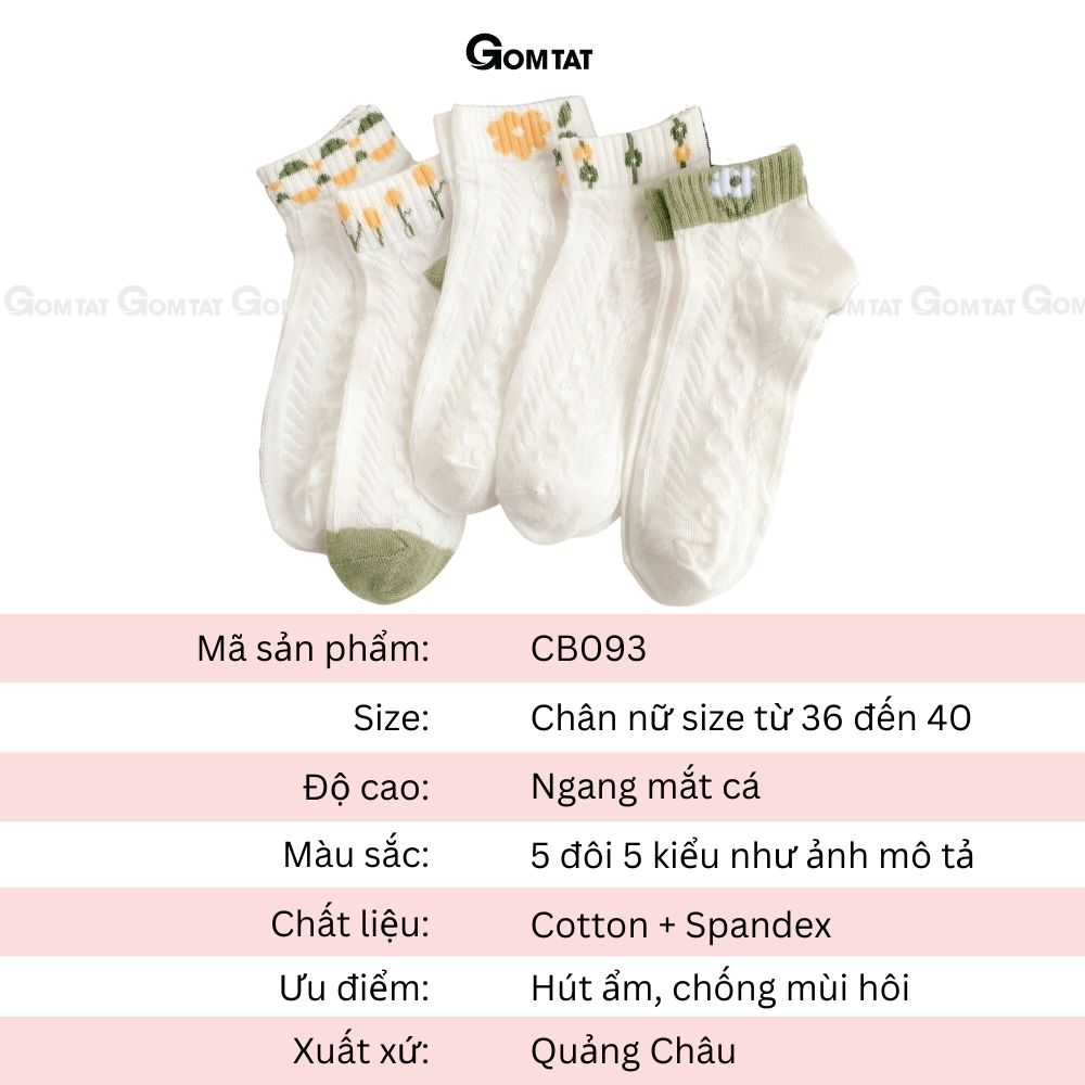 Set 5 đôi tất vớ nữ cổ ngắn GOMTAT họa tiết hoa dễ thương, chất liệu cotton mềm mịn thoáng mát, êm chân - CB093