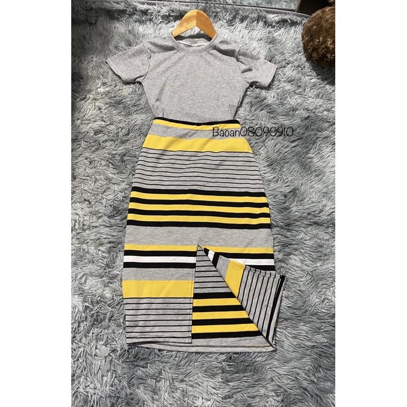 Set bộ nữ chân váy sọc phối áo thun body croptop chất vải thun Borip 4 chiều FreeSize dưới 53kg