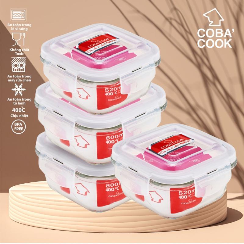 Bộ 4 hộp thủy tinh hình vuông đựng thực phẩm chịu nhiệt 2 hộp 800ml 2 hộp 530ml COBA'COOK-CCS8S54