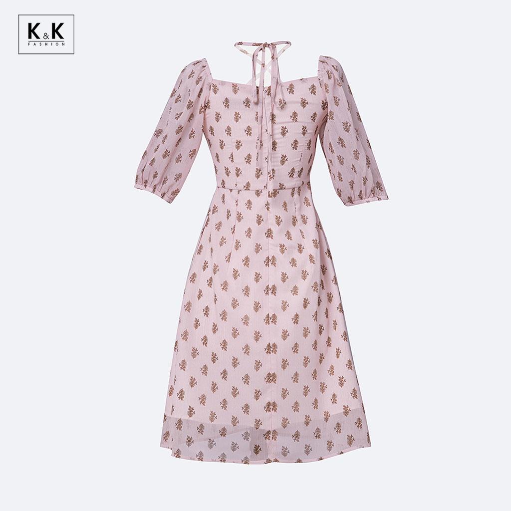 Đầm Chữ A Họa Tiết Nhấn Ngực Phối Nơ K&K Fashion KK114-34 Chất Liệu Voan Gân
