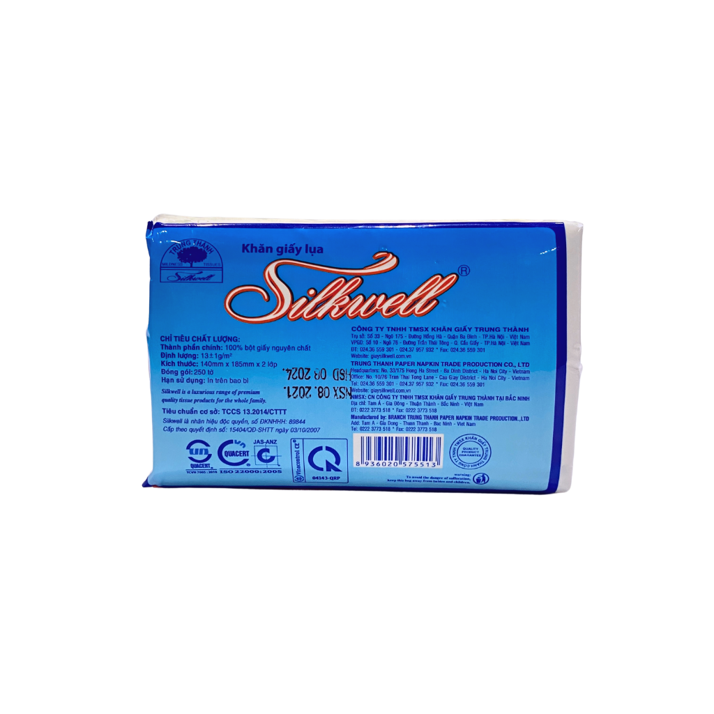 Giấy ăn Silkwell xanh 250 tờ khổ 140 du lịch tiện dụng, khăn giấy rút lụa siêu mềm mịn, không tẩy trắng hàng chính hãng