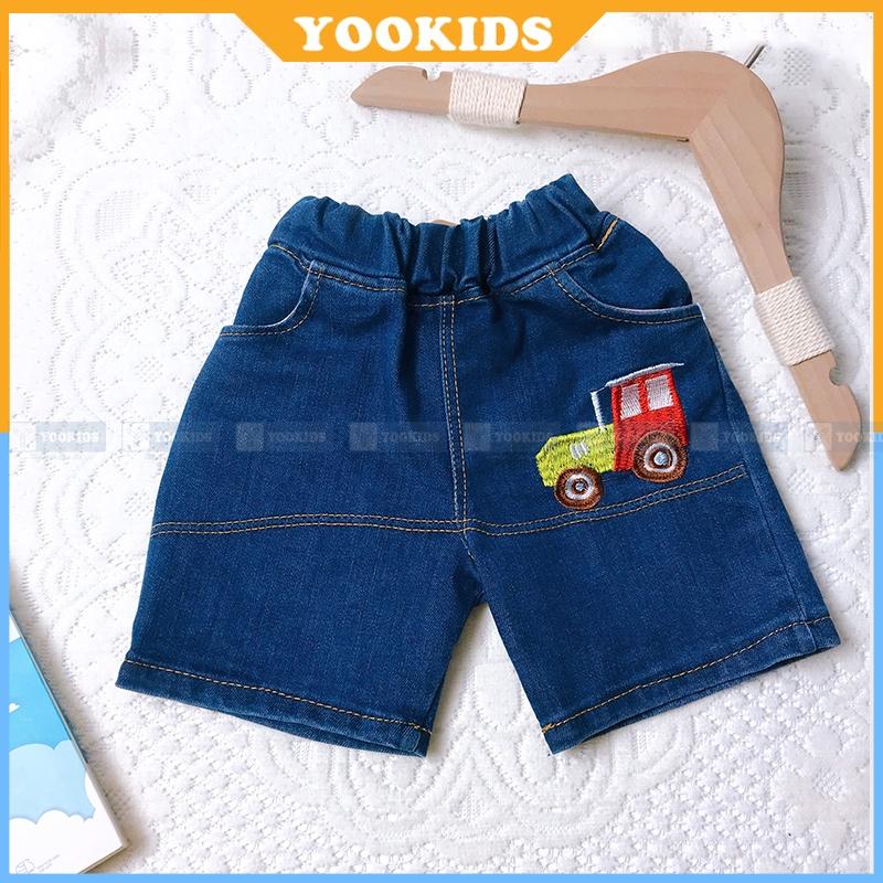 Quần Short Bé Trai &amp; Bé Gái Chất Bò Jean Mềm Thêu Xe Size 7 - 18kg Đủ Size Cho Bé 0 - 6 Tuổi