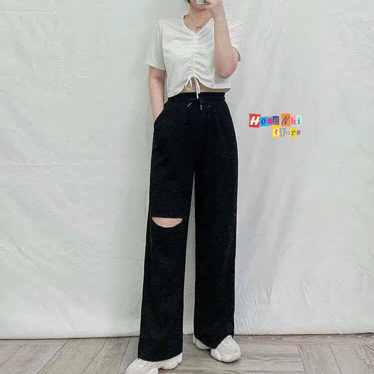 Quần Ống Rộng Rách Gối Màu Đen Lưng Thun Culottes Ulzzang Unisex - MM