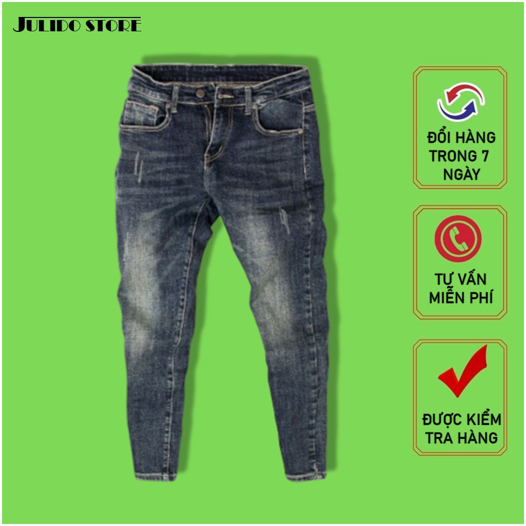 Quần jeans nam co dãn , quần bò nam kiểu trơn xước dáng vừa không bó sát thiết kế trẻ trung đơn điệu phá cách gồm 5 kích thước Julido mẫu QJNM08 - Màu xanh đậm