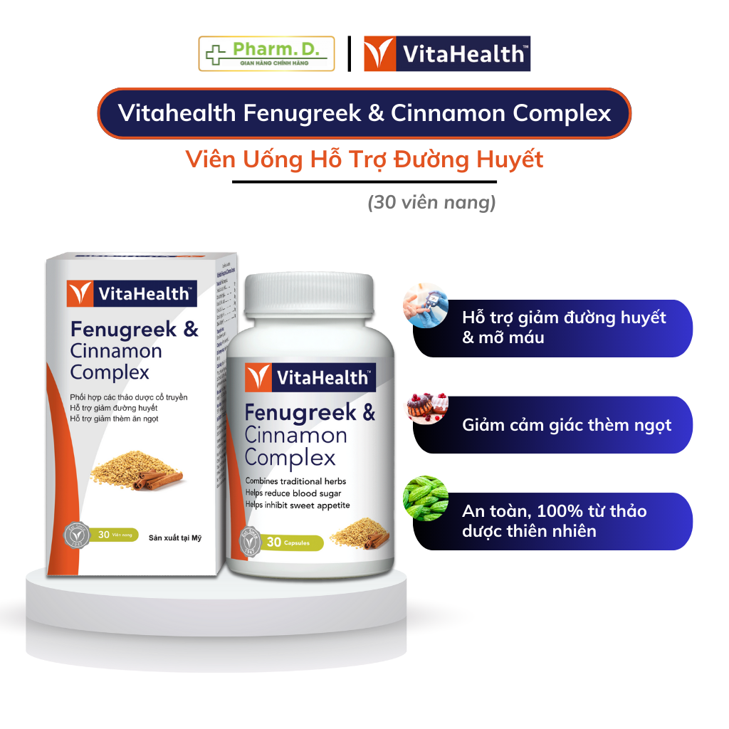 Viên Uống Hỗ Trợ Cân Bằng Đường Huyết, Giảm Cholesterol VITAHEALTH Fenugreek & Cinnamon Complex (30 Viên)