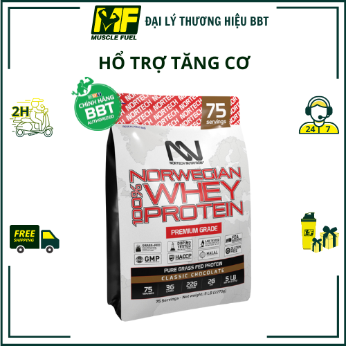 Nortech Norwegian 100 Whey Protein 5 LB 2270g Classic Chocolate 75 liều dùng. Whey protein hổ trợ tăng cơ, giảm mỡ. - BÌNH LẮC