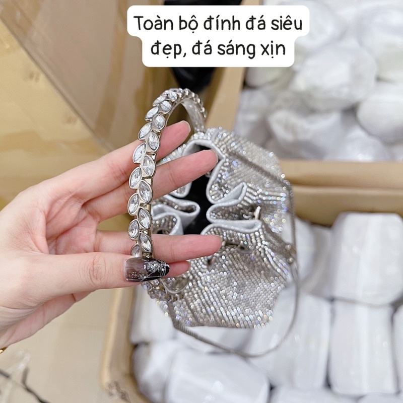 Túi đá WANG dây rút Túi đeo chéo nữ đeo vai kẹp nách đính đá sang chảnh dự tiệc QC loại đẹp