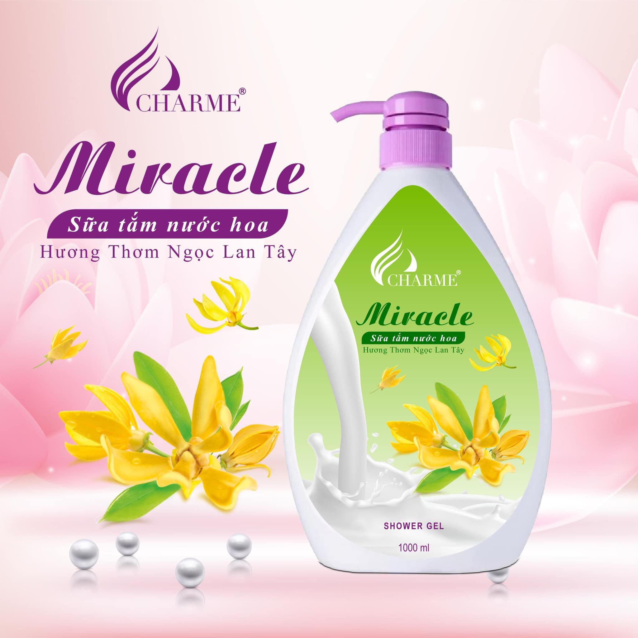 Sữa tắm Charme dưỡng trắng da Miracle 1000ml - Hương Ngọc Lan Tây + Tặng kèm 1 chai nước hoa 5ml