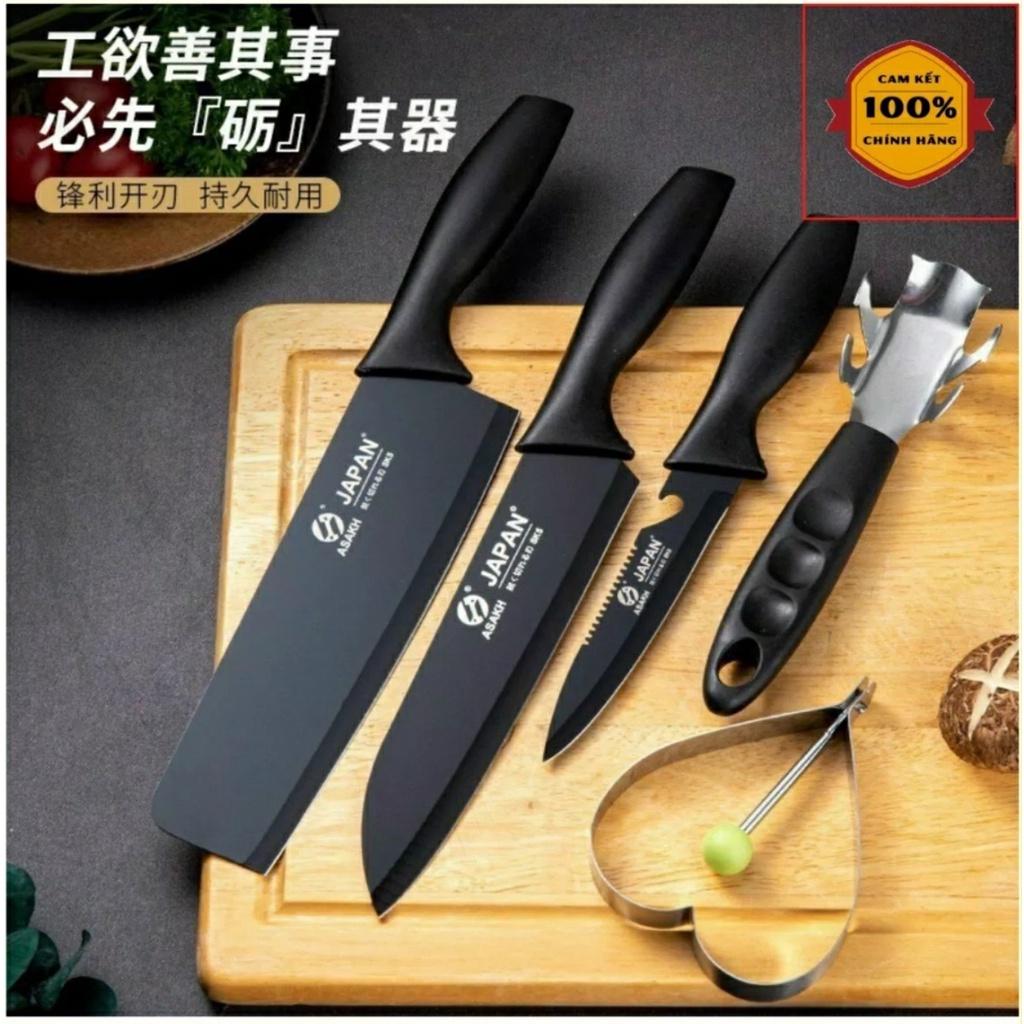 Bộ Dao 5 Món JAPAN ASAKH Bằng Thép Không Gỉ Đen Nhám Cao Cấp