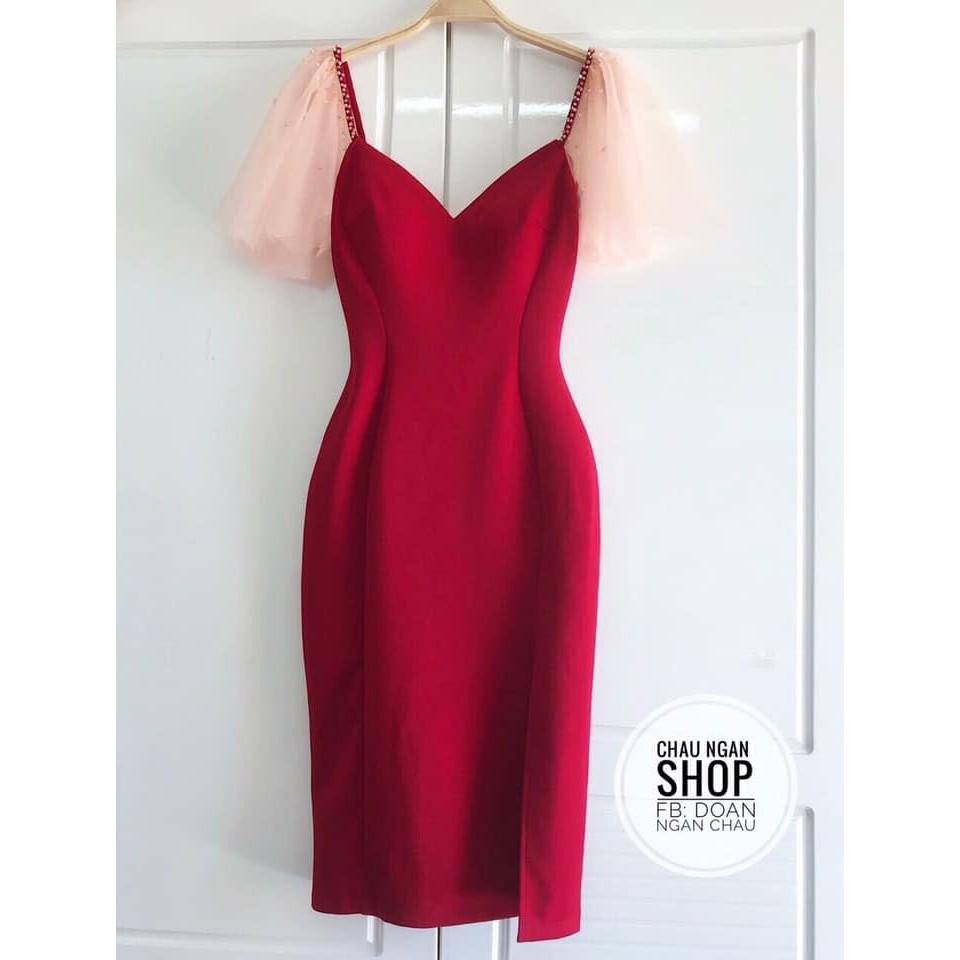 Đầm body phối vai lưới kết hạt