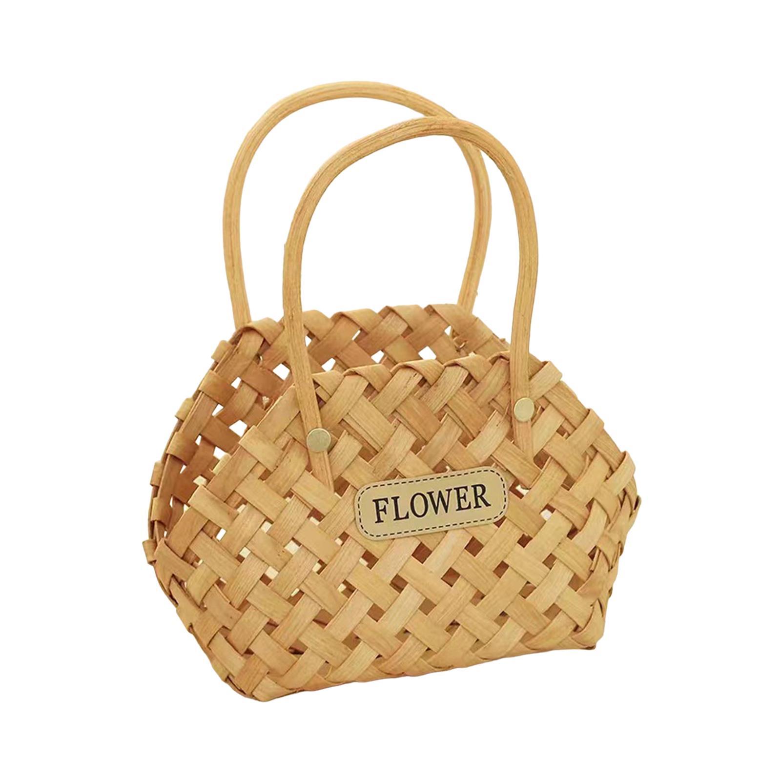 Pastoral Basket Storage Basket with Handle Handmade Wood Basket Storage Serving Basket for Flower Wedding Outdoor Camping Countertop
