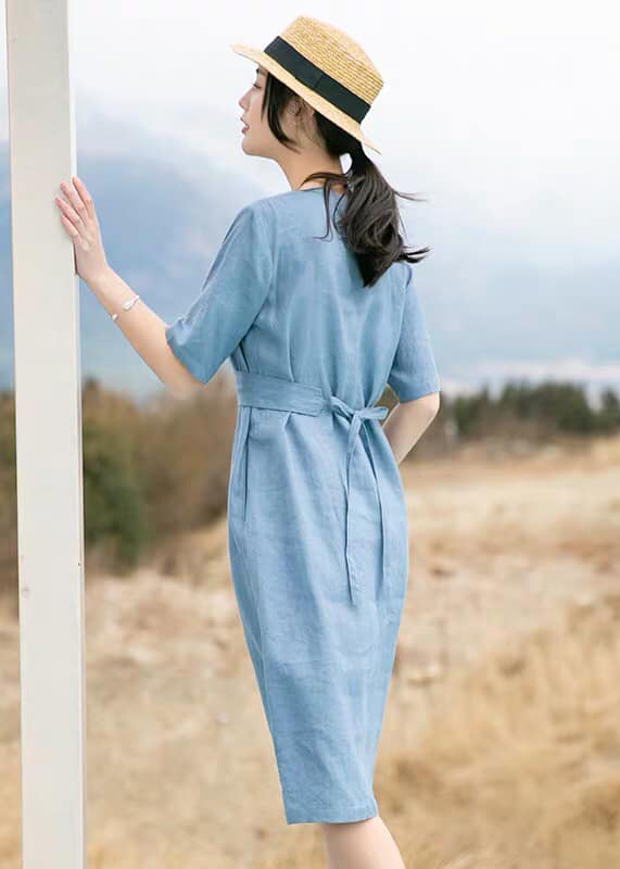 Đầm suông tay ngắn cổ tròn 2 nút ngực kèm đài rời, chất thô mềm mát, thời trang phong cách Hàn Quốc