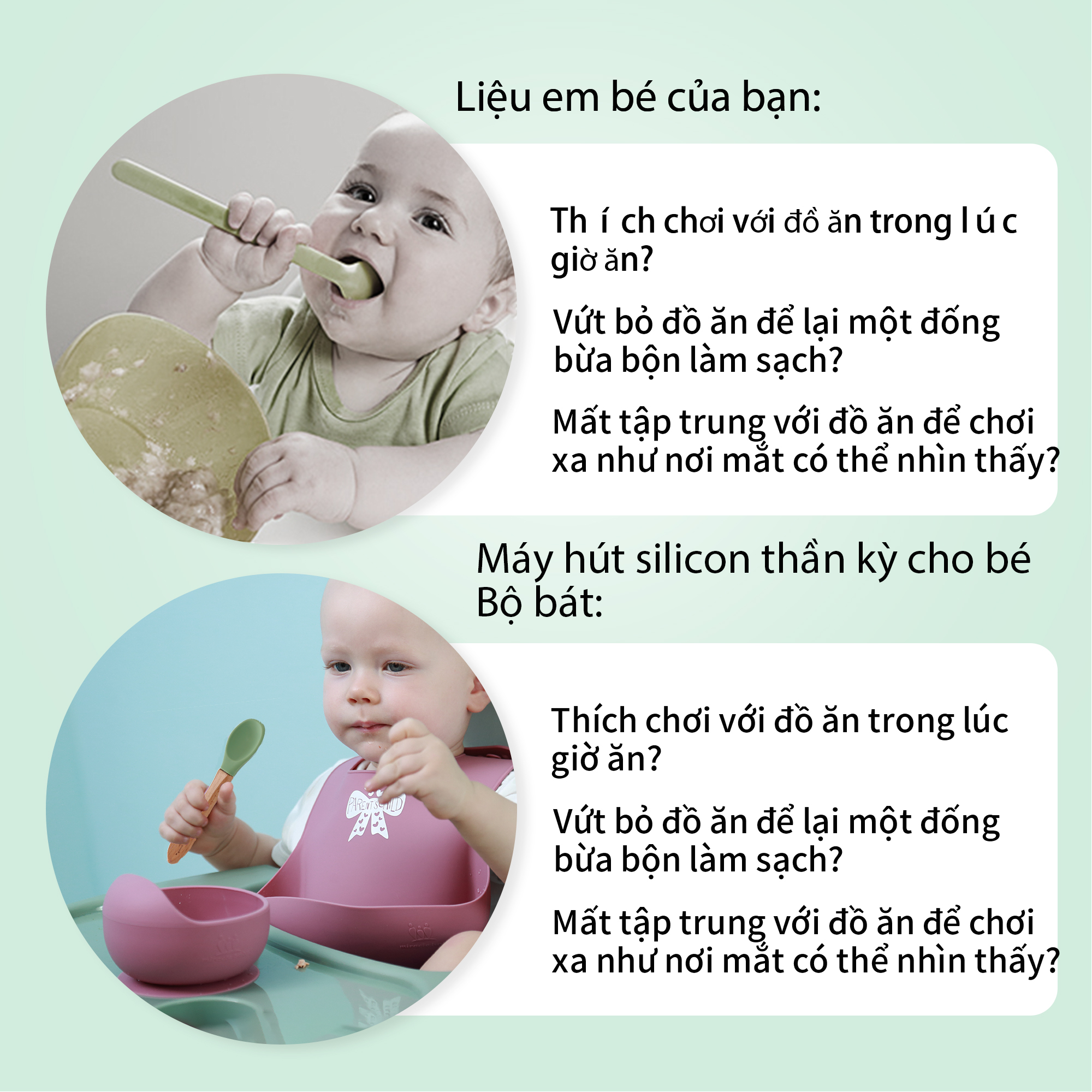 Chén ăn dặm silicone Miraclebaby và muỗng phù hợp dành bé trai, bé gái trên 5 tháng tuổi