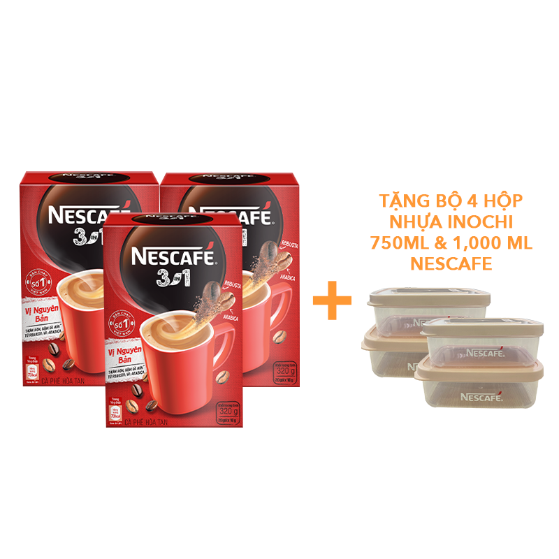 Cà phê hoà tan NESCAFÉ 3IN1 VỊ NGUYÊN BẢN - công thức cải tiến - COMBO 3 hộp x 20 gói - [TẶNG 4 HỘP NHỰA INOCHI 750ml &amp; 1000ml]