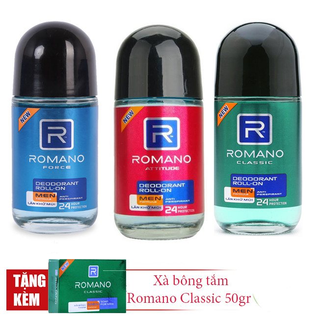 Combo 3 lăn khử mùi Romano 50ml: Classic +Attitide + Froce +Tặng 1 xà bông tắm 50gr