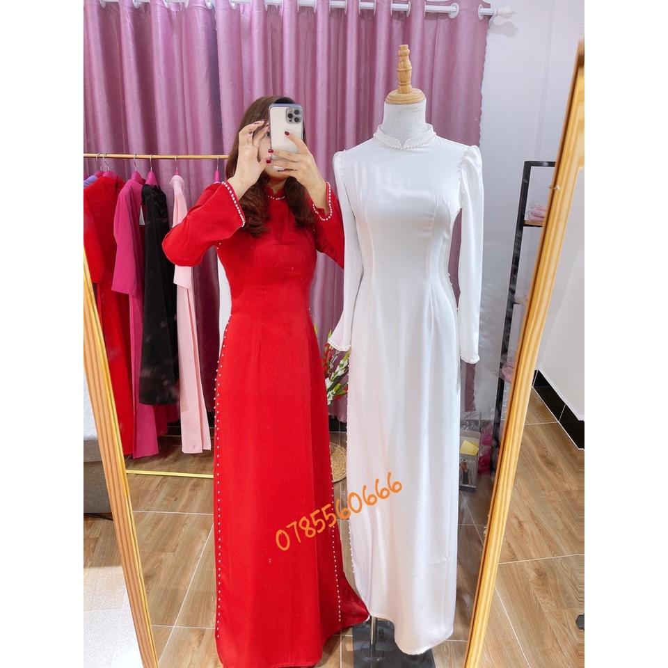 ÁO DÀI CÔ DÂU MÀU ĐỎ LỤA ĐÍNH HẠT TAY BỒNG