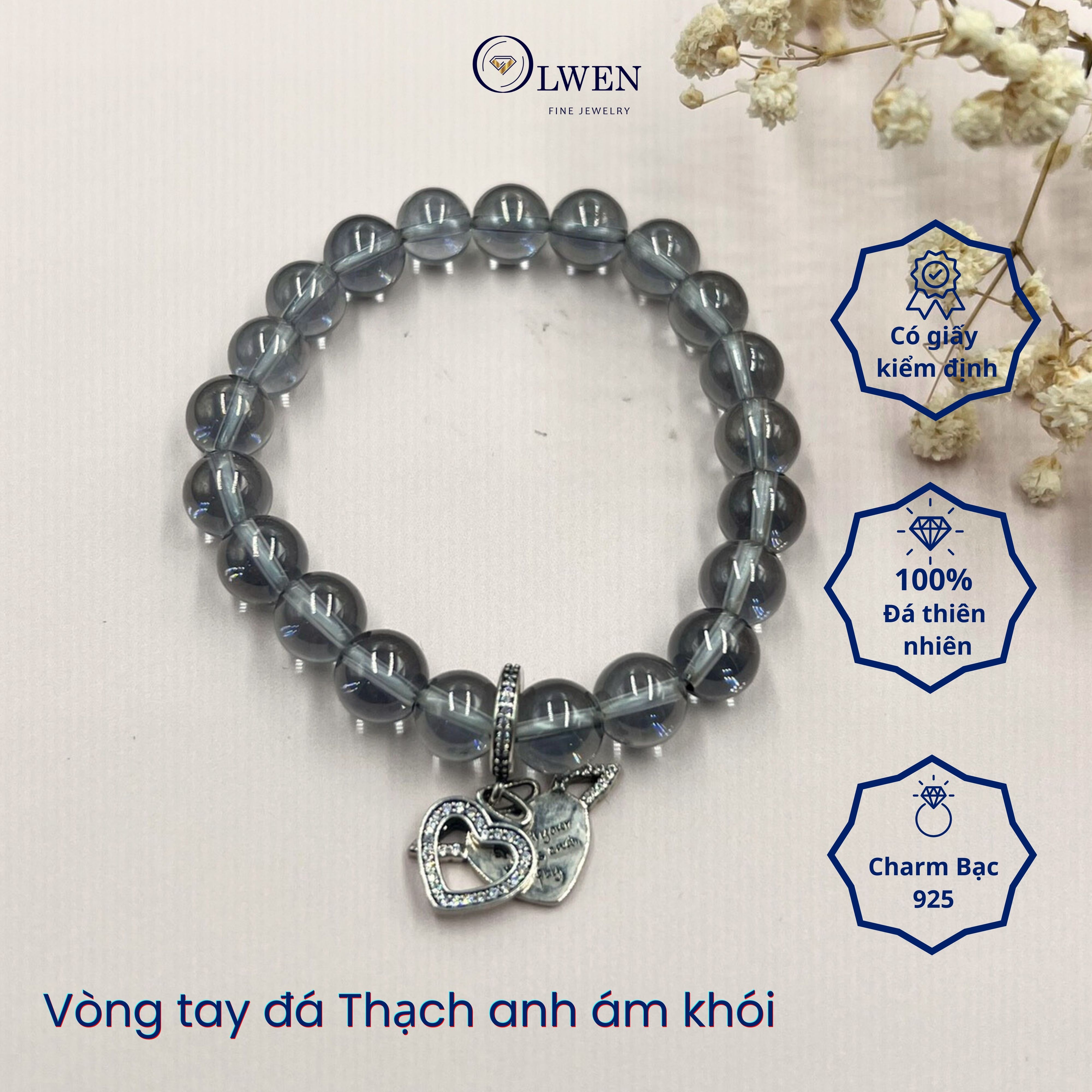 Vòng Tay Phong Thủy Thạch Anh Ám Khói, Charm Bạc