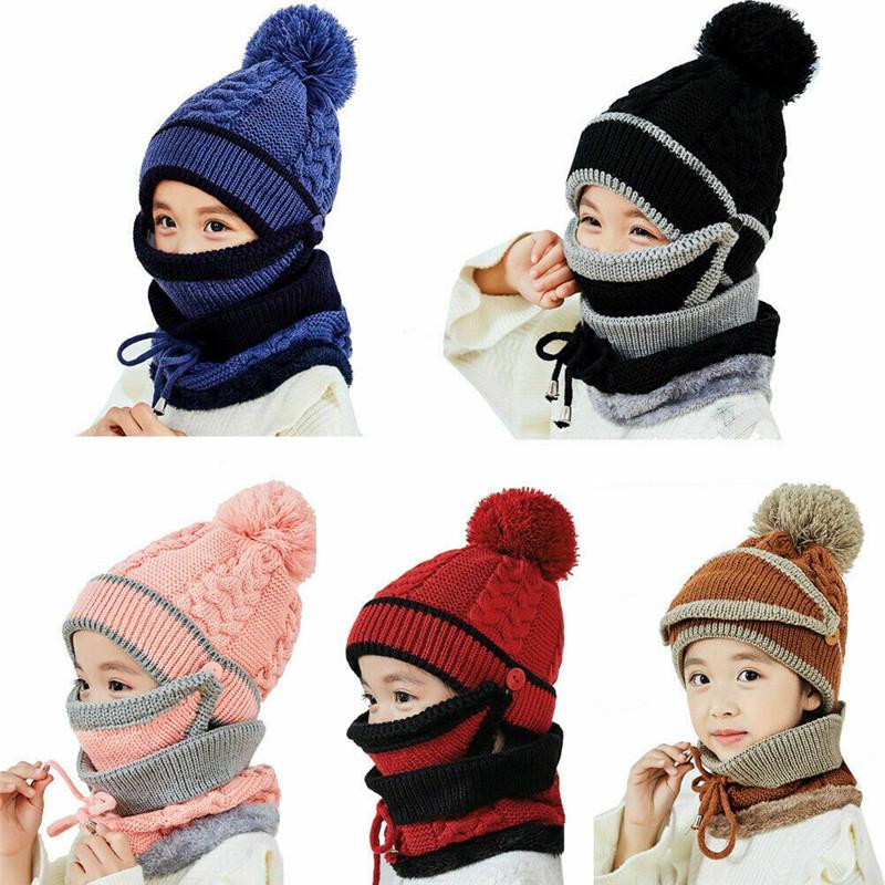 3 Mùa Đông Trẻ Em Bò Mũ Khăn Miệng Nạ Đắp Mặt Dệt Kim Bò Ấm Trang Trượt Tuyết Ngoài Trời Mũ Pompom Bé Gái Bé Trai trẻ Em Mặt Giữ Ấm