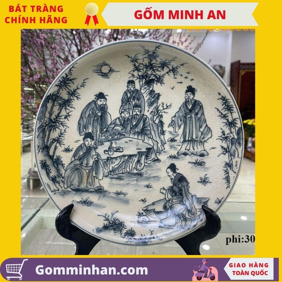 Đĩa cảnh men rạn giả cổ bát tràng bọc đồng đường kính 30cm gốm Minh An Bát Tràng