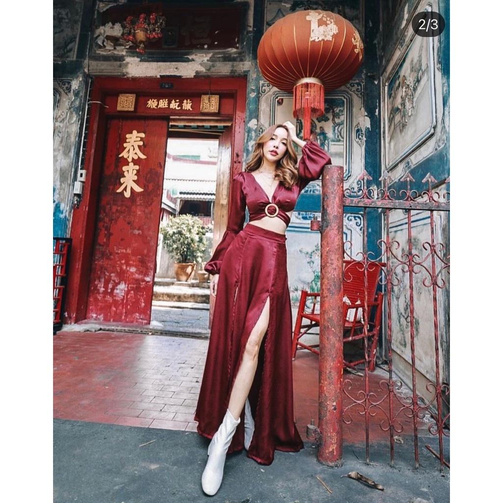 Đầm Maxi đỏ đũi xước mút ngực cổ V khoen xẻ tà tày dài đi biển dự tiệc dạo phố bigsize gợi cảm sexy
