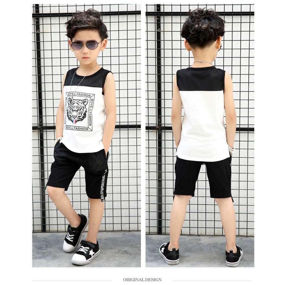 Bộ quần áo bé trai sát nách, phối lưới in cọp, thun cotton thoải mái vận động.